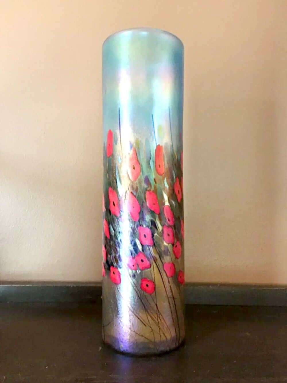 VTG 1990s Robert Held California Poppy Art Glass Cylinder Vase - Made in Canada